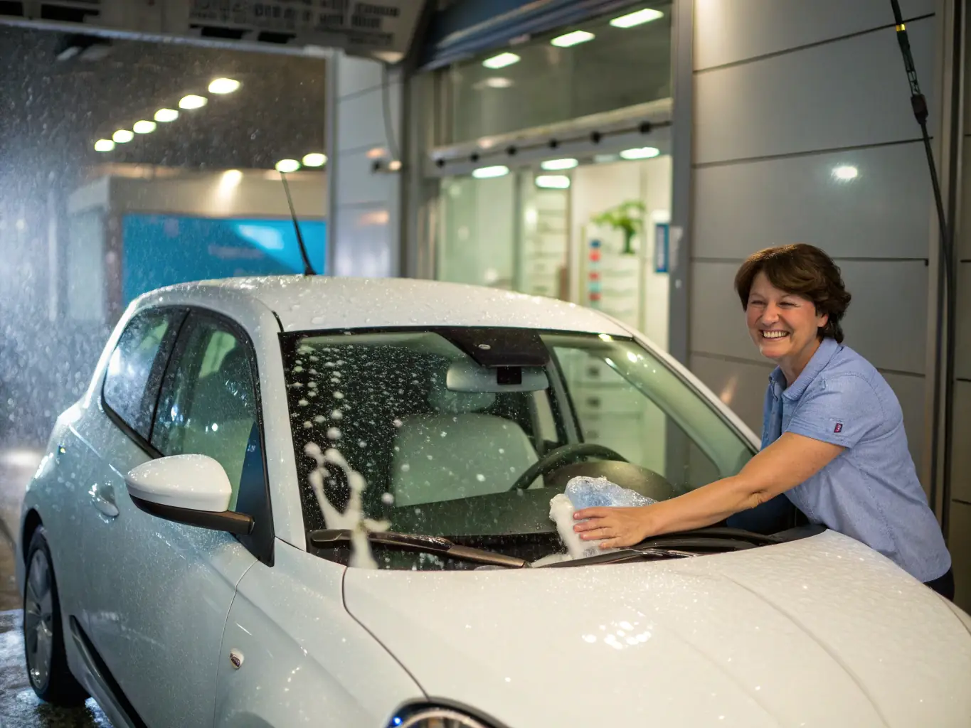 A customer smiling as they receive their freshly washed car from a Clear Wave Cleaning Solutions mobile unit, emphasizing convenience and customer satisfaction.